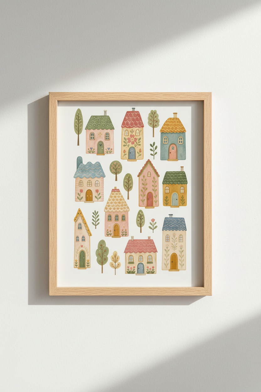 Whimsical Cottage Wall Art | Folk Watercolor House Print, Pastel Nursery Village Poster