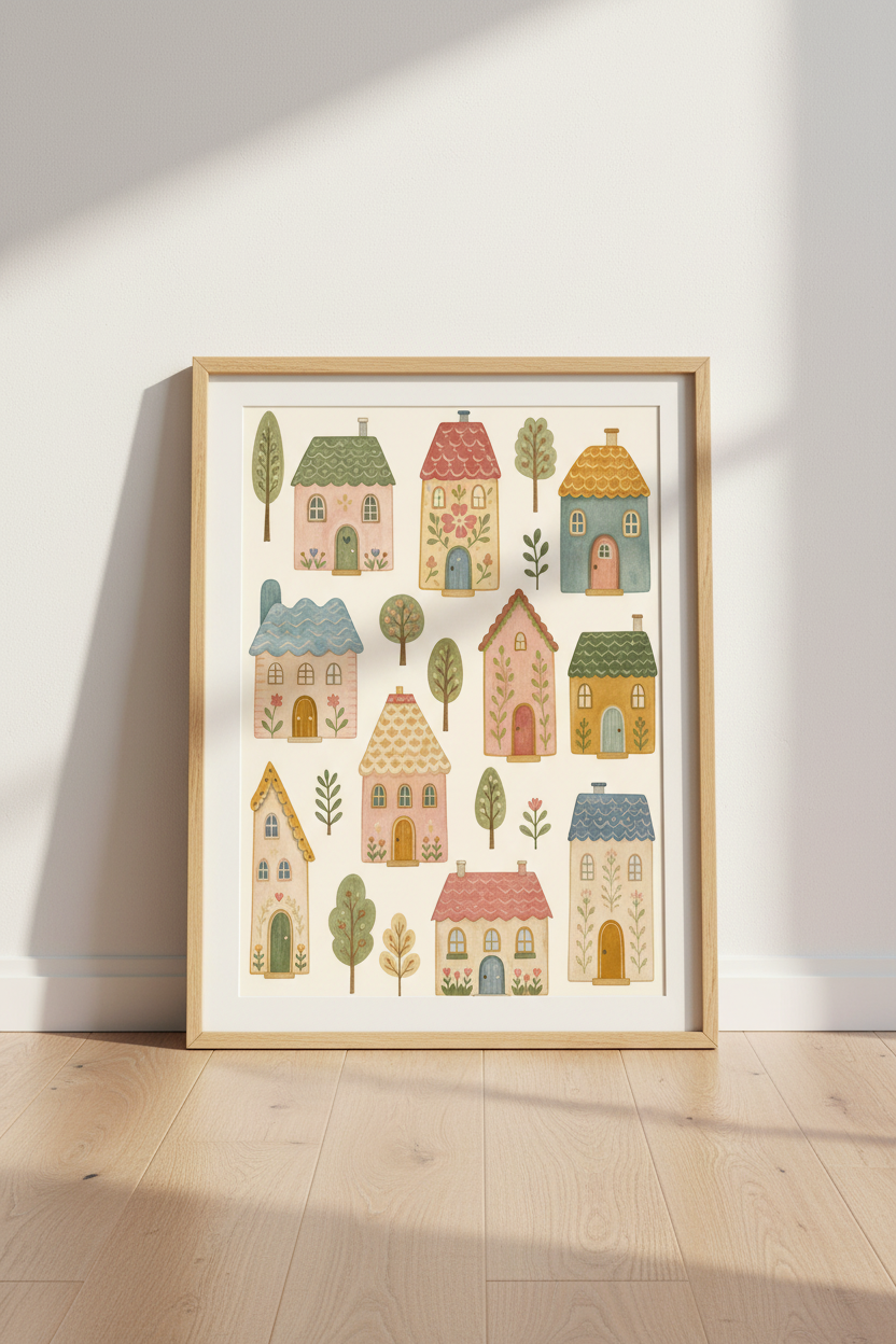 Whimsical Cottage Wall Art | Folk Watercolor House Print, Pastel Nursery Village Poster