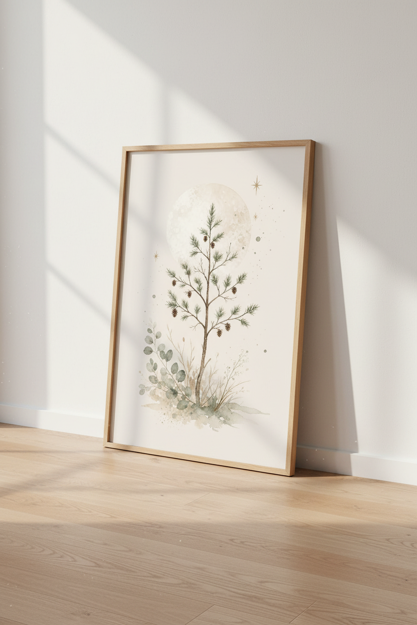 Pine Tree &amp; Moon Watercolor Art | Woodland Nursery Decor | Celestial Poster
