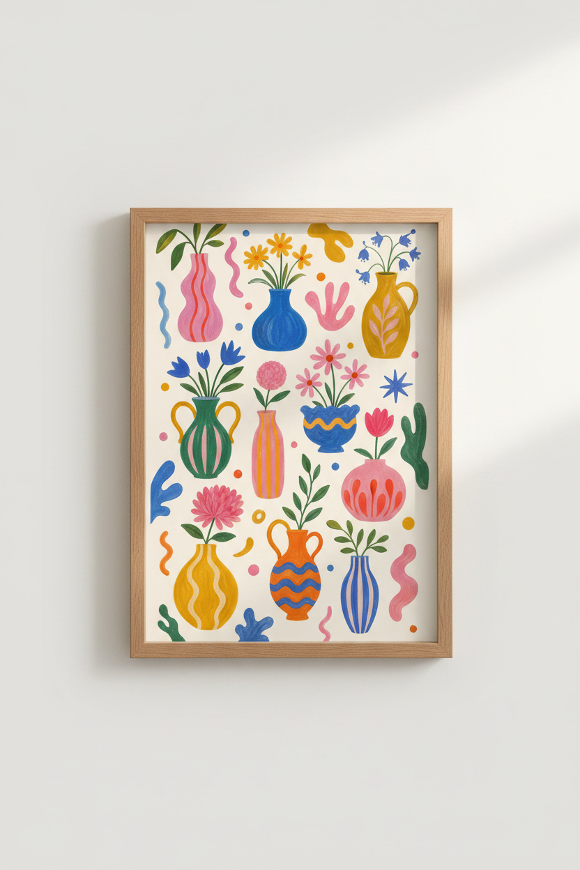 Danish Pastel Floral Print | Colorful Vase Wall Art, Aesthetic Botanical Poster Decor