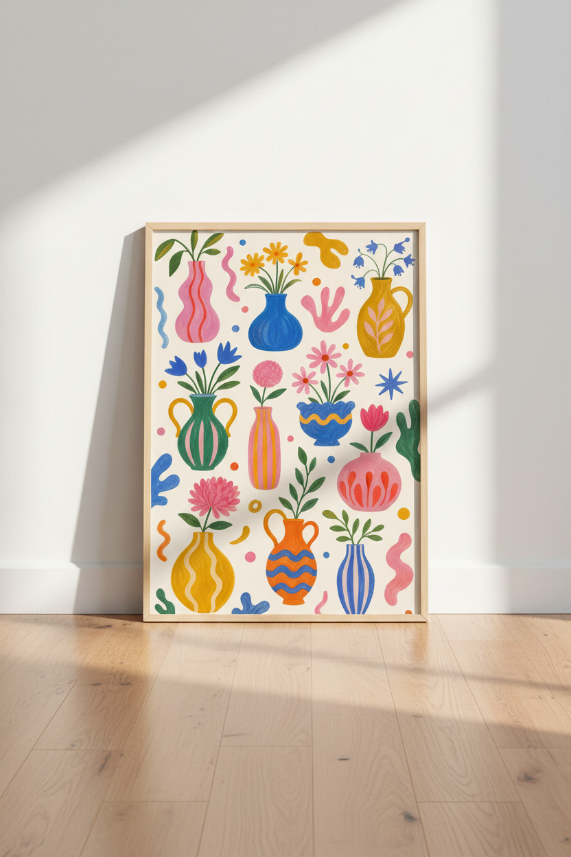 Danish Pastel Floral Print | Colorful Vase Wall Art, Aesthetic Botanical Poster Decor