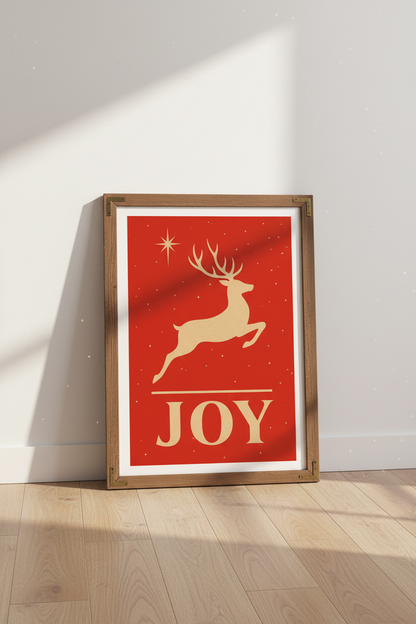 JOY Reindeer Christmas Wall Art | Red &amp; Gold Festive Decor | Minimalist Holiday Poster