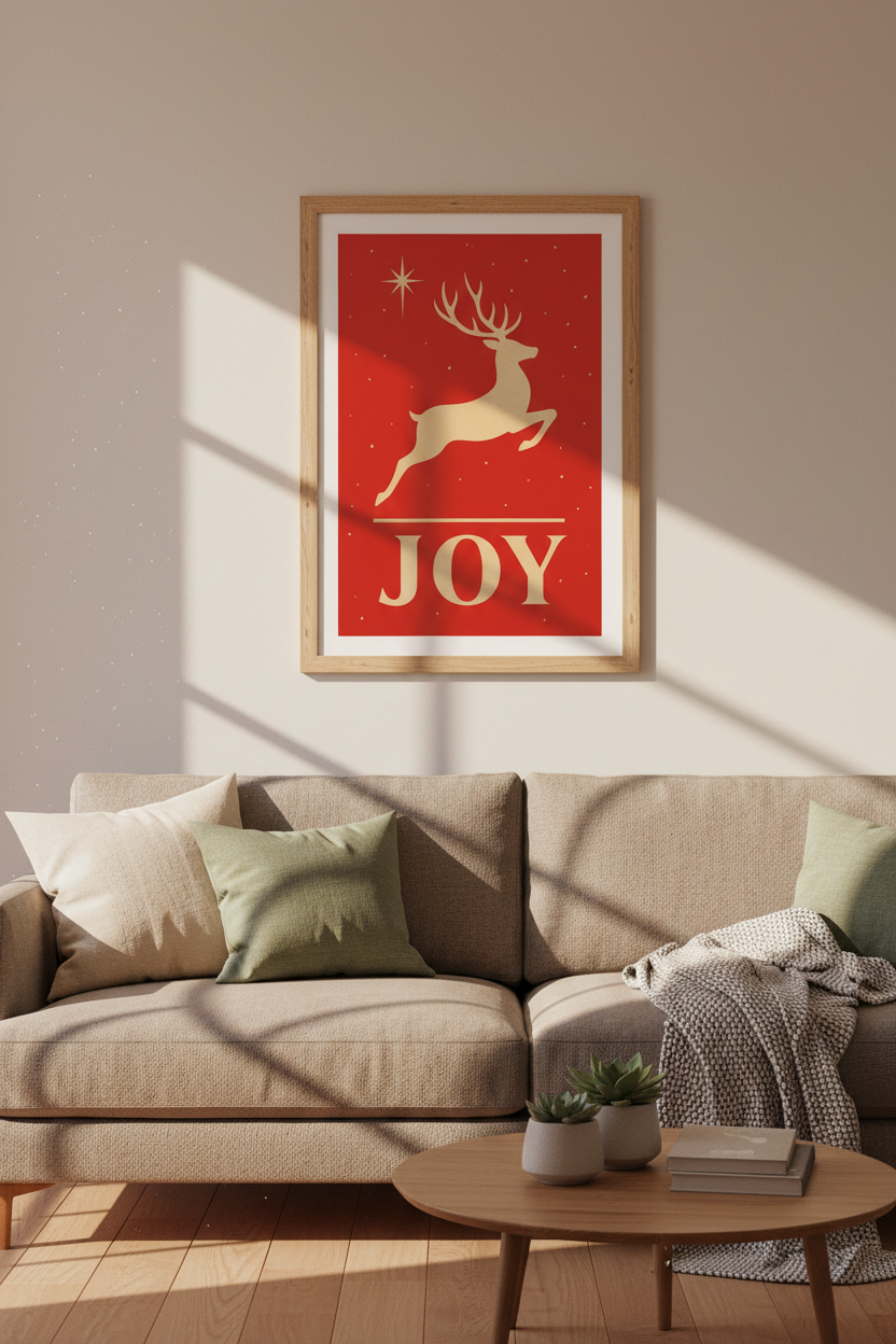 JOY Reindeer Christmas Wall Art | Red &amp; Gold Festive Decor | Minimalist Holiday Poster