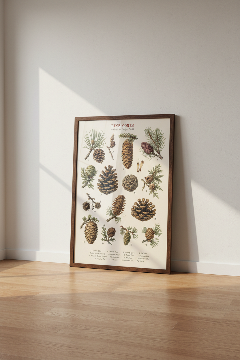 Pine Cone Botanical Wall Art Print | Cabin Decor | Vintage Nature Poster