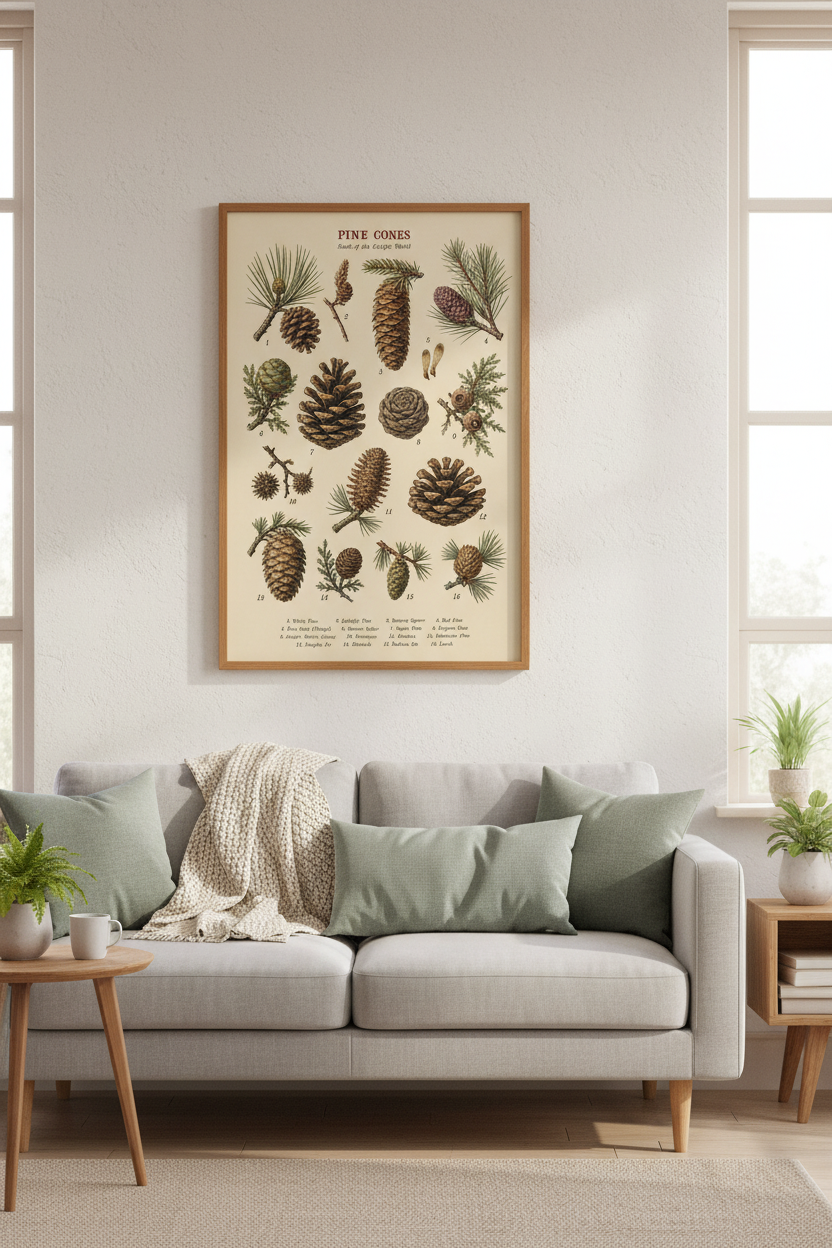 Pine Cone Botanical Wall Art Print | Cabin Decor | Vintage Nature Poster