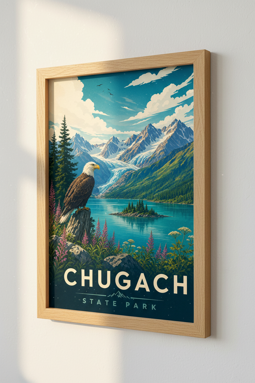 Chugach State Park Alaska Poster | Bald Eagle Nature Wall Art, Mountain Cabin Decor