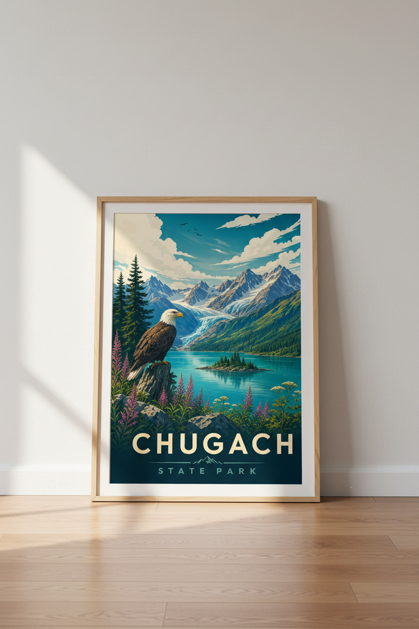 Chugach State Park Alaska Poster | Bald Eagle Nature Wall Art, Mountain Cabin Decor