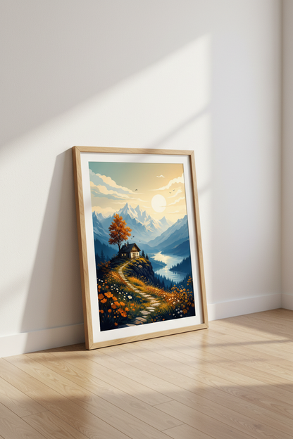 Mountain Landscape Wall Art | Cozy Cabin Sunset Print, Nature Decor Poster