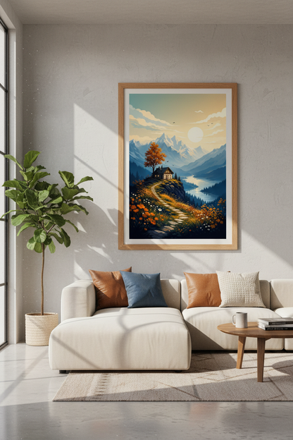 Mountain Landscape Wall Art | Cozy Cabin Sunset Print, Nature Decor Poster