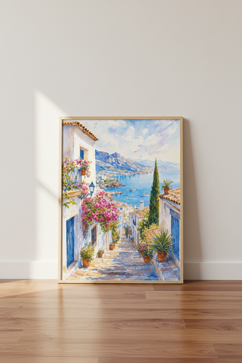 Mediterranean Coastal Village Art | Watercolor Sea Landscape, Living Room Decor