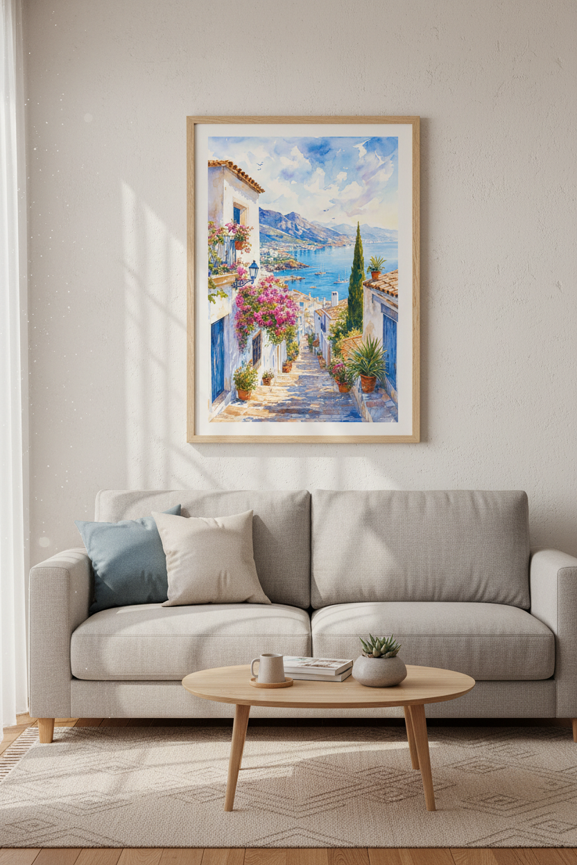 Mediterranean Coastal Village Art | Watercolor Sea Landscape, Living Room Decor