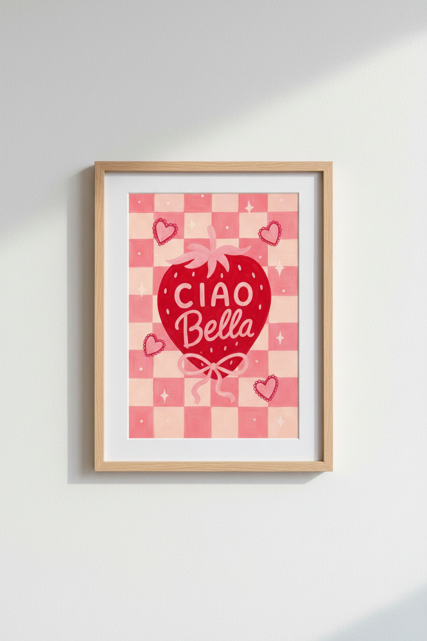 Strawberry Wall Art Print | Ciao Bella Pink Checkered Poster | Coquette Kitchen Decor