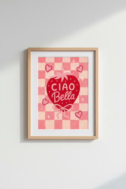 Strawberry Wall Art Print | Ciao Bella Pink Checkered Poster | Coquette Kitchen Decor