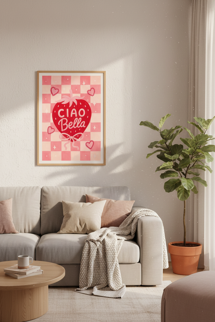 Strawberry Wall Art Print | Ciao Bella Pink Checkered Poster | Coquette Kitchen Decor