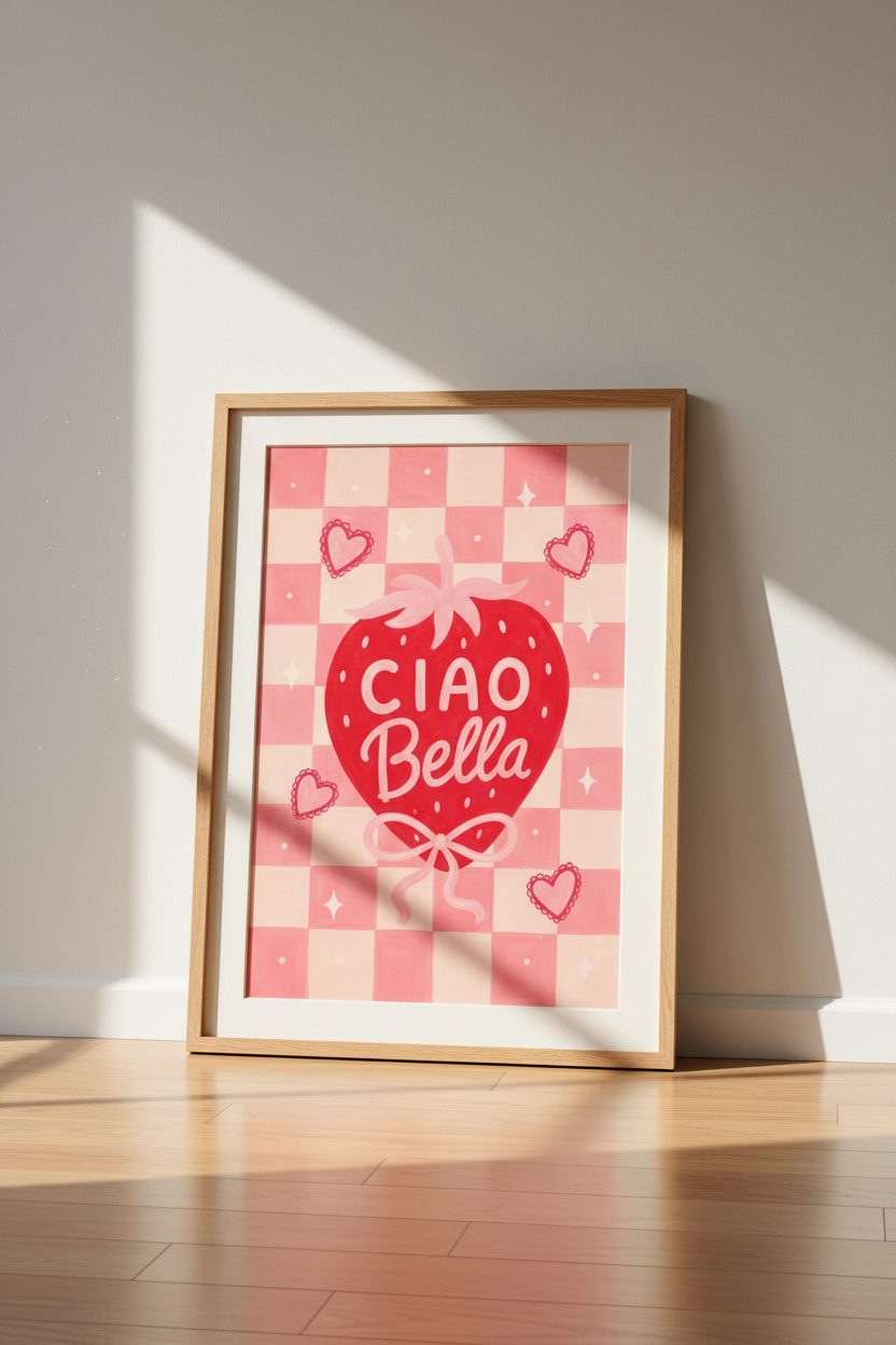 Strawberry Wall Art Print | Ciao Bella Pink Checkered Poster | Coquette Kitchen Decor