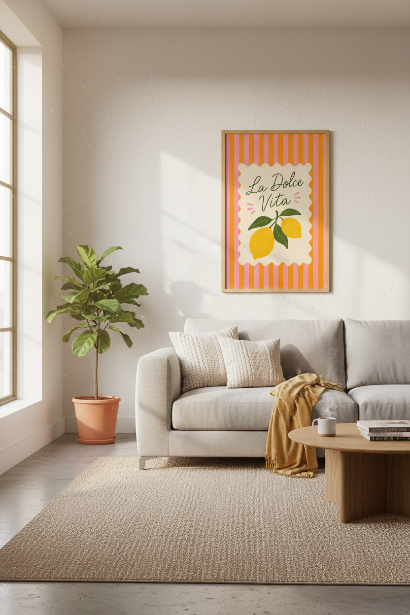 La Dolce Vita Lemon Wall Art | Yellow Kitchen Decor | Preppy Pink Orange Poster