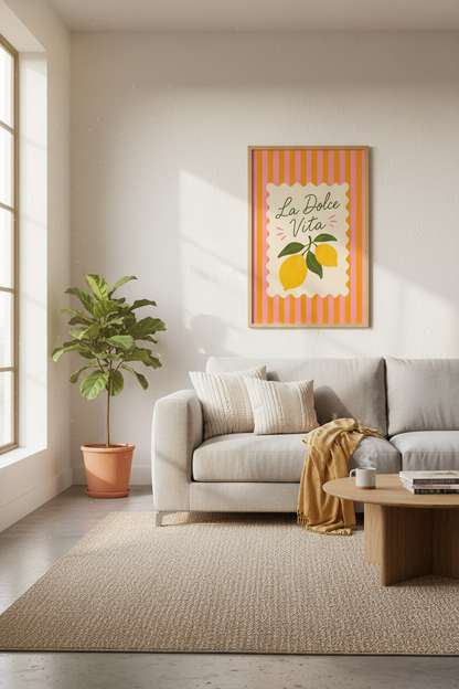 La Dolce Vita Lemon Wall Art | Yellow Kitchen Decor | Preppy Pink Orange Poster