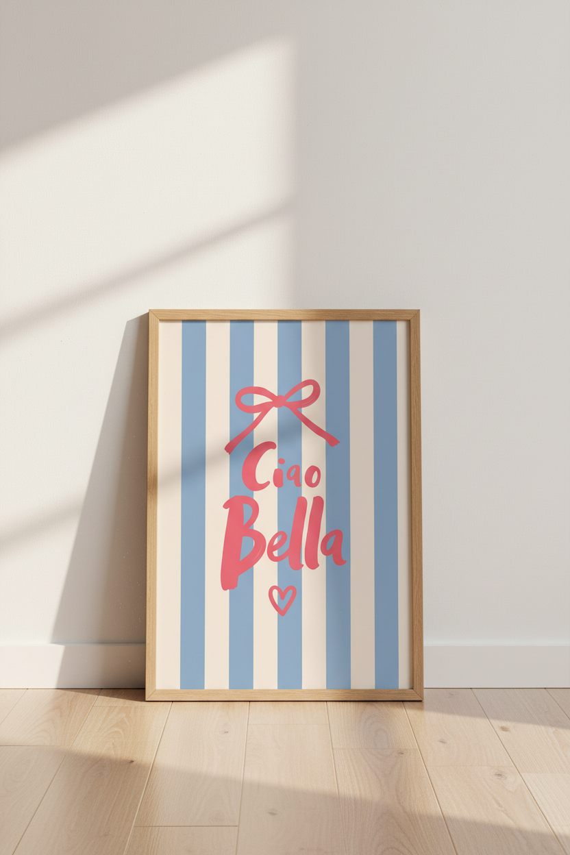Coquette Wall Art Print | Pink Bow Ciao Bella Poster | Blue Striped Bedroom Decor