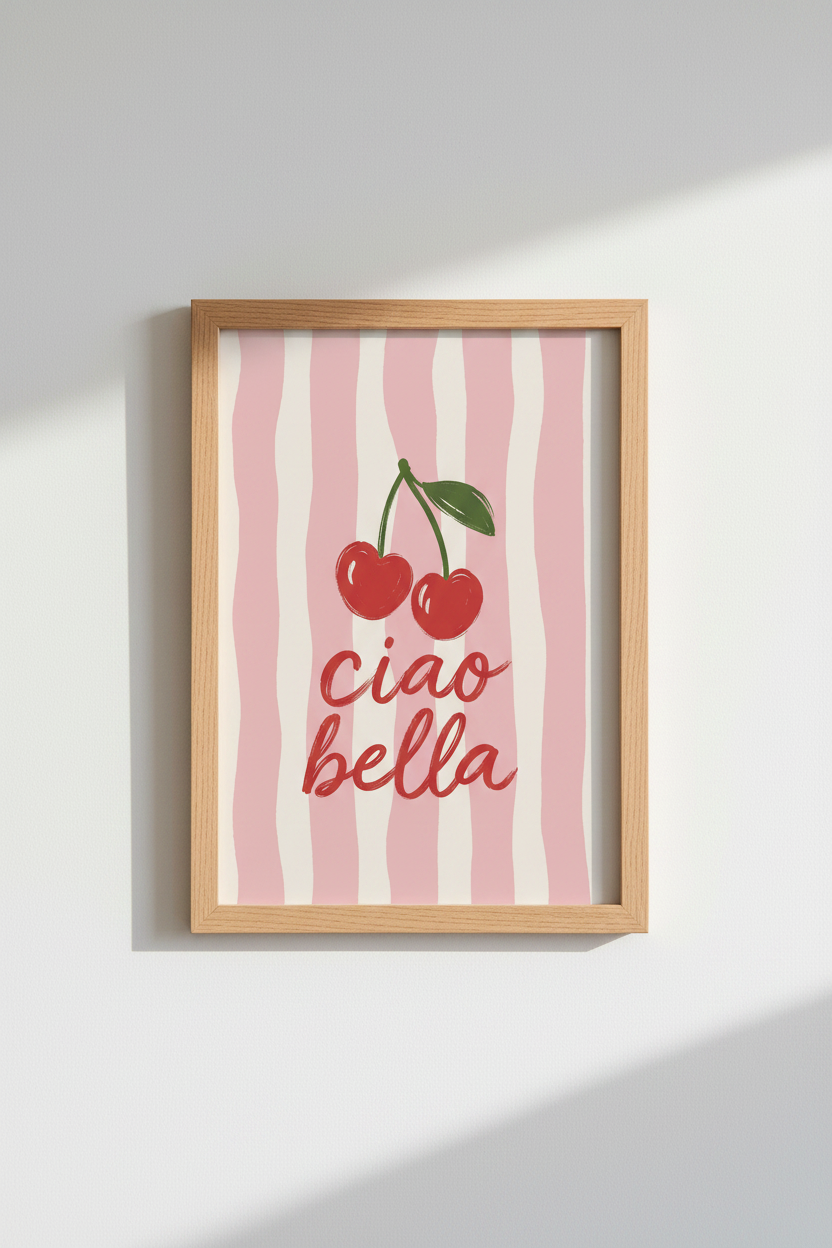 Ciao Bella Poster | Pink Stripes Art, Cherry Motif Decor