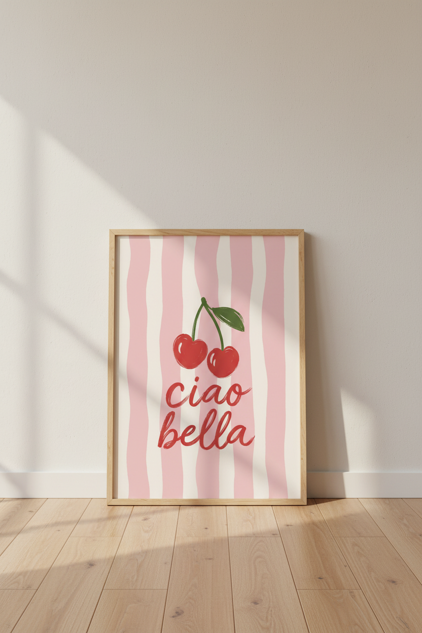 Ciao Bella Poster | Pink Stripes Art, Cherry Motif Decor