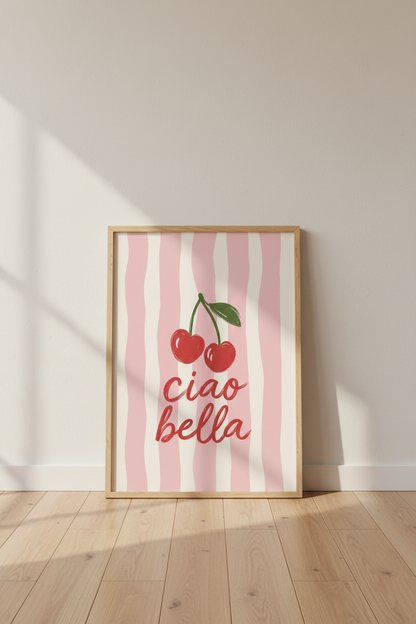Ciao Bella Poster | Pink Stripes Art, Cherry Motif Decor
