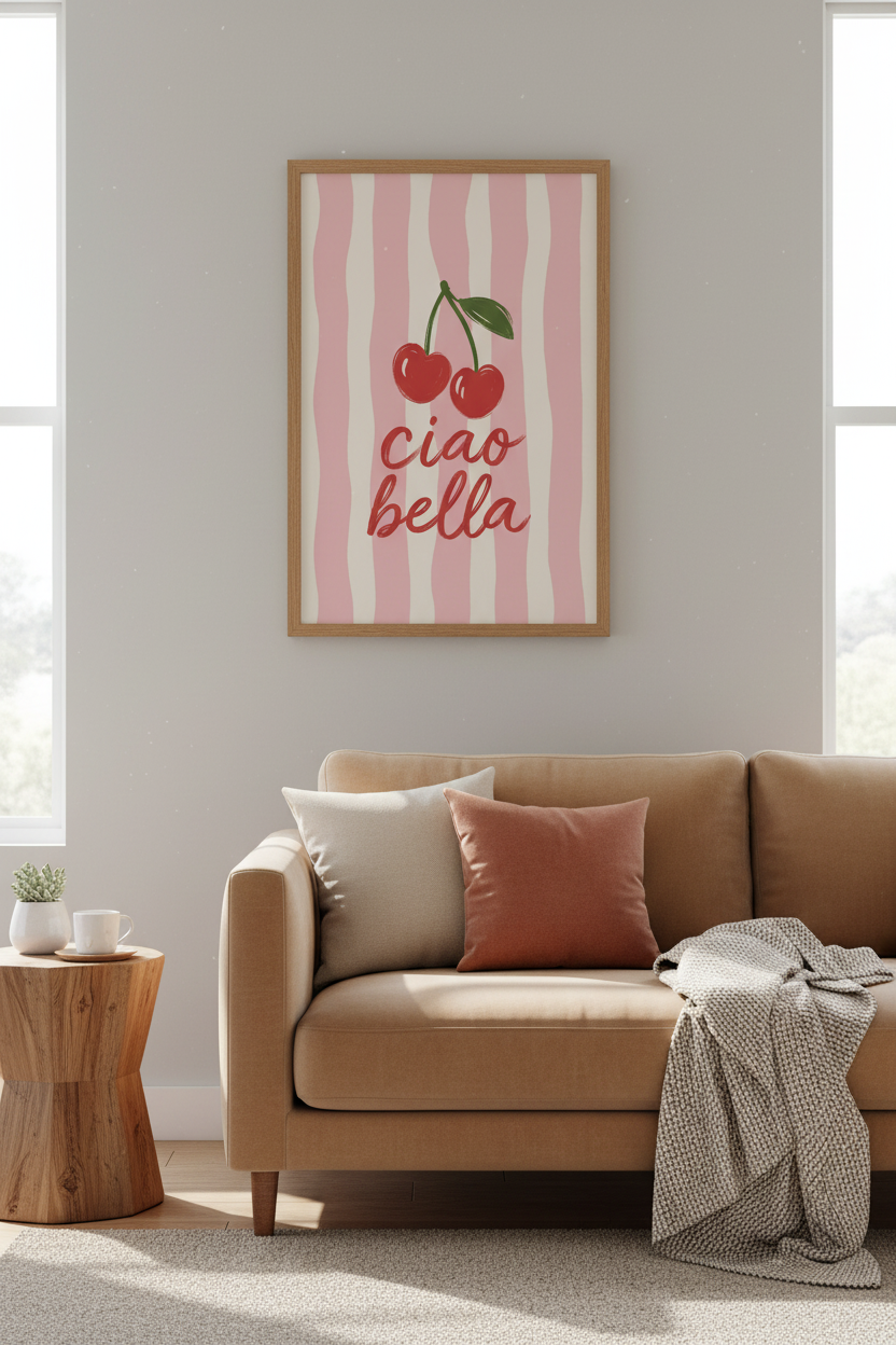Ciao Bella Poster | Pink Stripes Art, Cherry Motif Decor