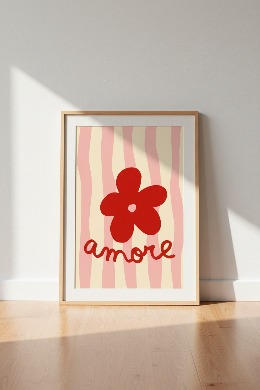 Danish Pastel Wall Art Print | Amore Red Flower Poster | Trendy Pink Aesthetic Decor