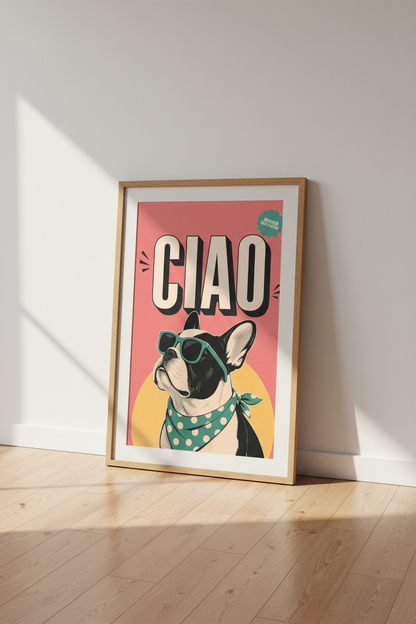 Ciao Frenchie Dog Wall Art | Retro Pink Pop Art Print, Trendy Home Decor