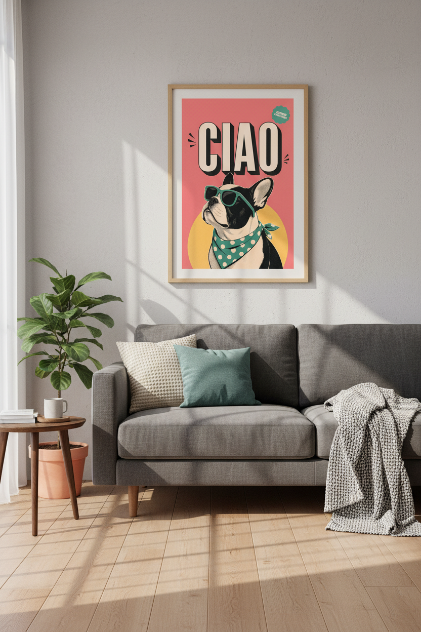 Ciao Frenchie Dog Wall Art | Retro Pink Pop Art Print, Trendy Home Decor