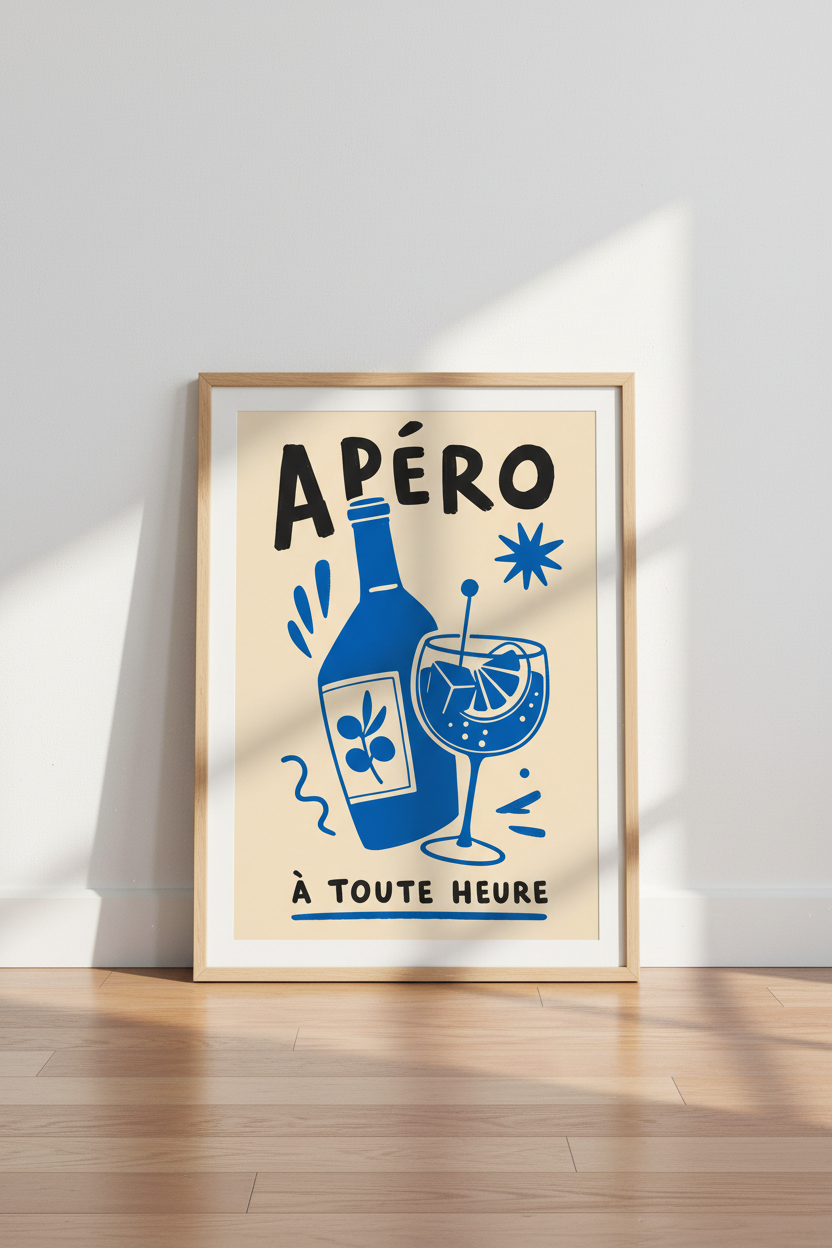 French Apéro Art Print | Blue Minimalist Kitchen Decor | Mediterranean Cocktail Poster