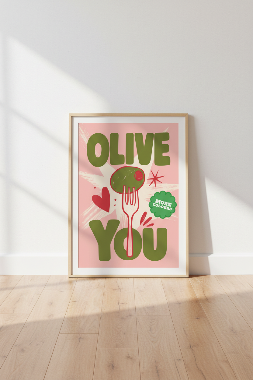 Olive You Retro Food Pun Wall Art | Pink Kitchen Decor | Kitsch Aesthetic Poster