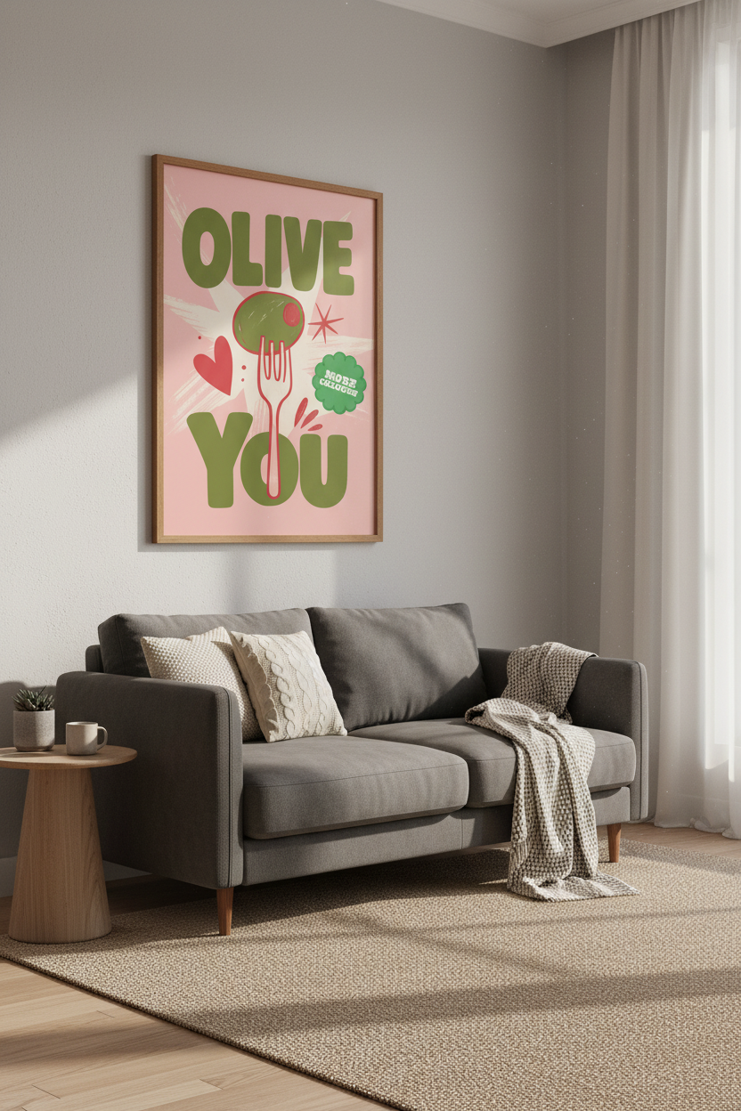 Olive You Retro Food Pun Wall Art | Pink Kitchen Decor | Kitsch Aesthetic Poster