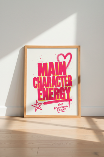 Main Character Energy Wall Art | Pink Graffiti Typography Poster, Unapologetic Room Decor