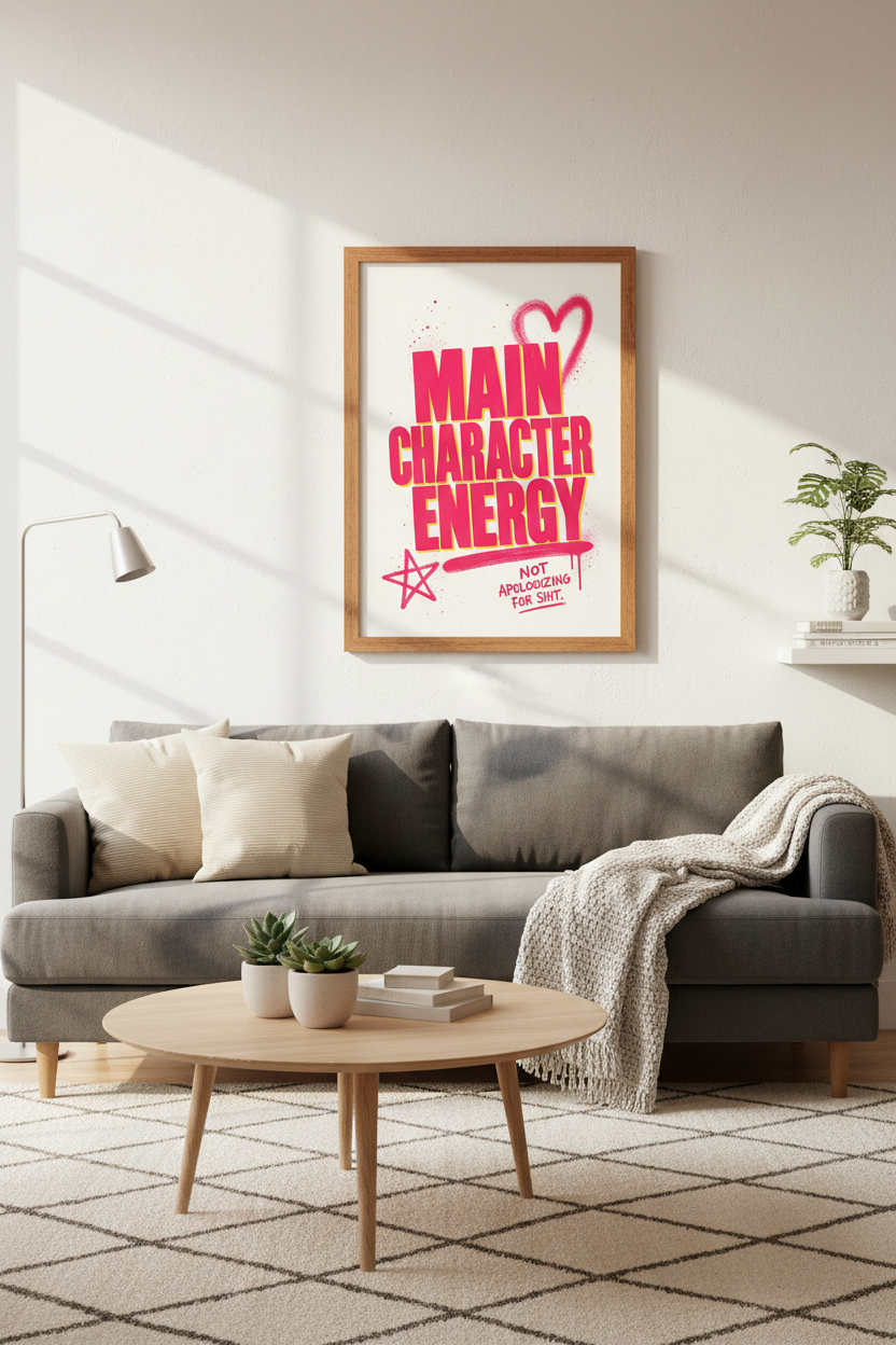 Main Character Energy Wall Art | Pink Graffiti Typography Poster, Unapologetic Room Decor