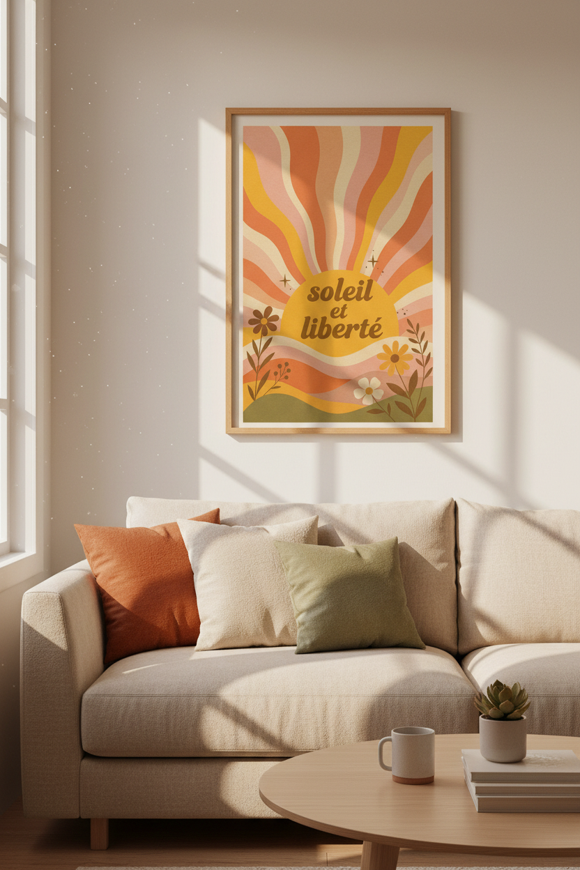Soleil et Liberté Wall Art | Retro Sunburst &amp; Flowers, Boho French Poster