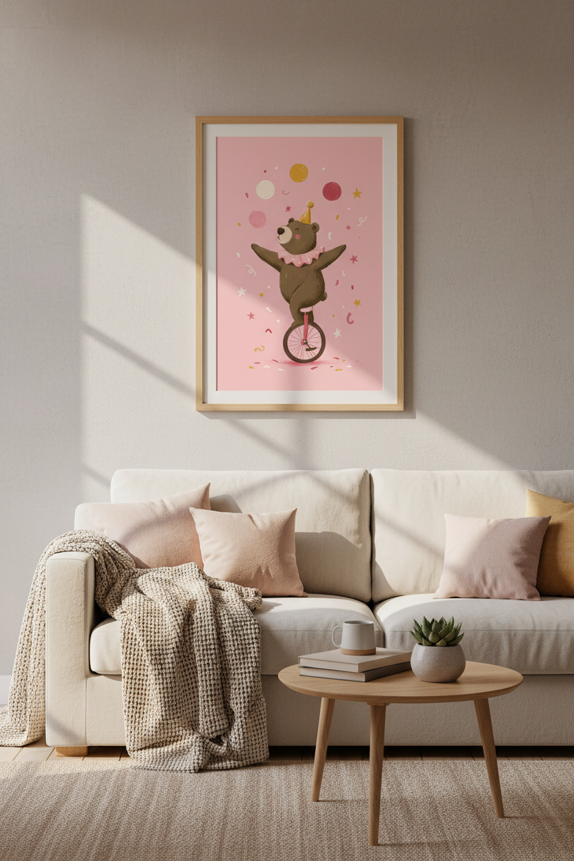 Circus Bear on Unicycle Wall Art | Pink Nursery Decor | Whimsical Animal Poster