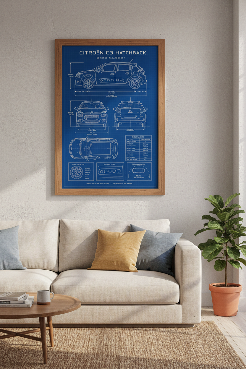 Citroën C3 Blueprint Wall Art | Blue Technical Poster, Garage &amp; Office Decor