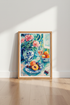 Still Life Peonies & Fruit Wall Art Print | Teal Kitchen Decor | Impressionist Poster