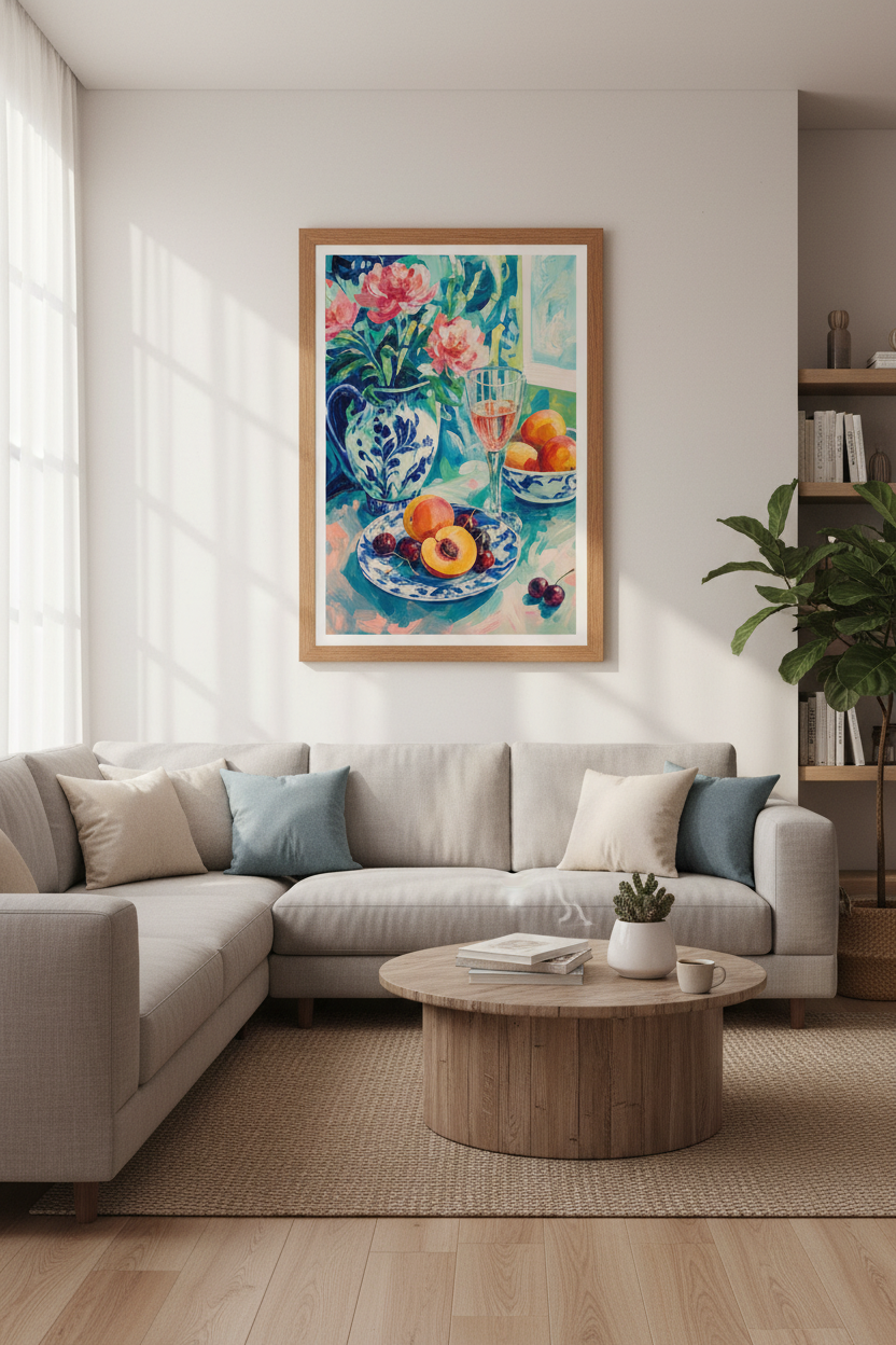 Still Life Peonies &amp; Fruit Wall Art Print | Teal Kitchen Decor | Impressionist Poster