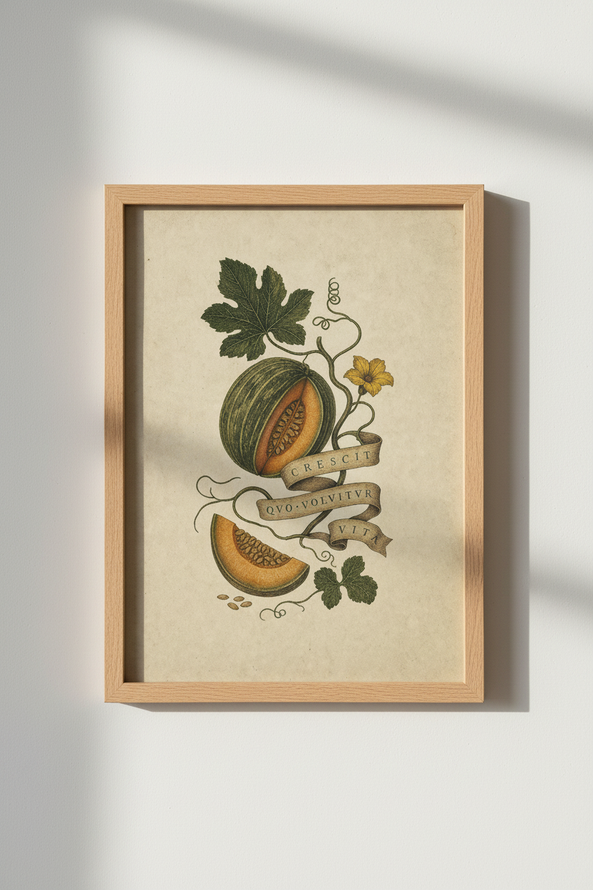 Botanical Cantaloupe Poster | Vintage Melon Illustration, Earthy Tones | Living Room Decor