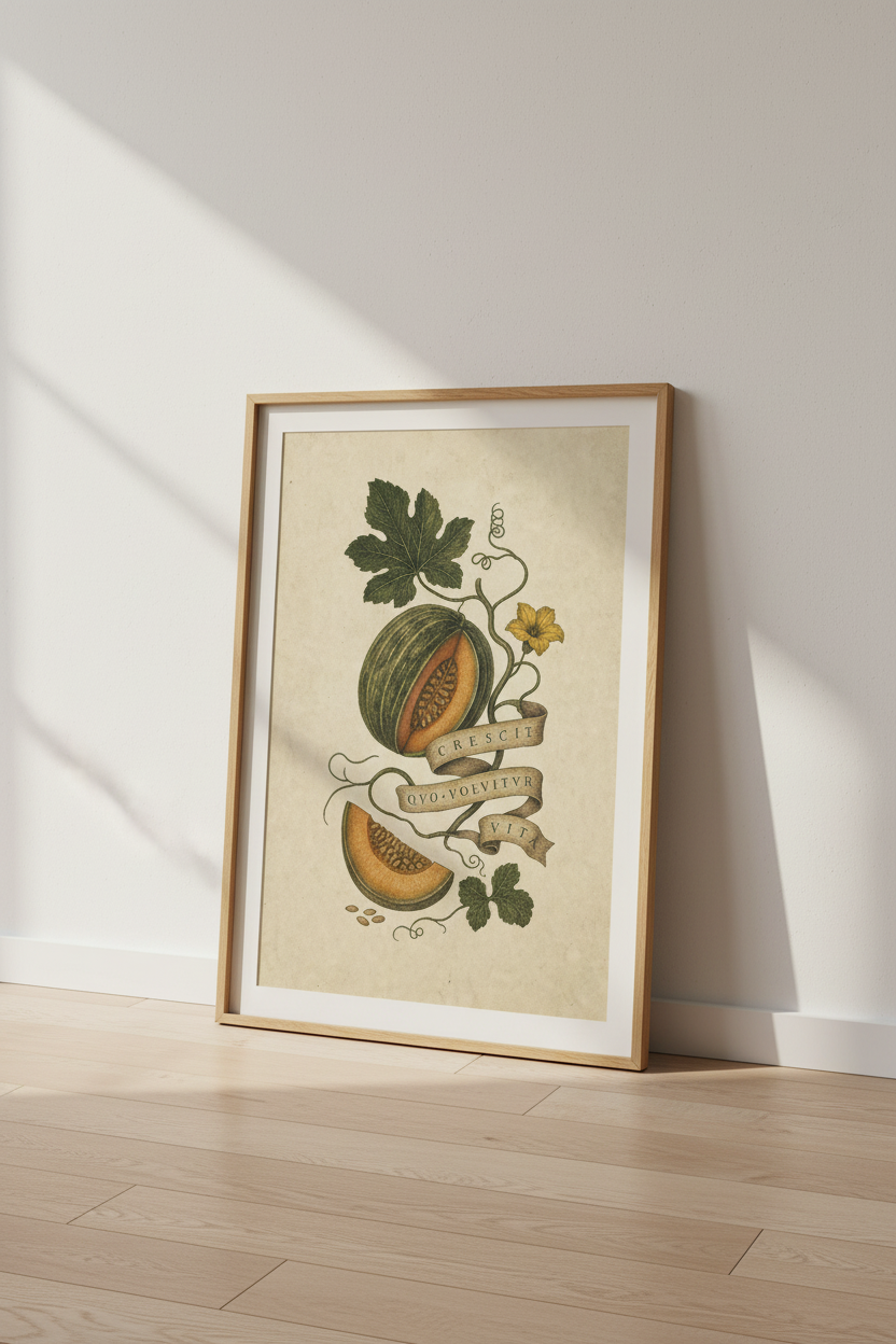 Botanical Cantaloupe Poster | Vintage Melon Illustration, Earthy Tones | Living Room Decor
