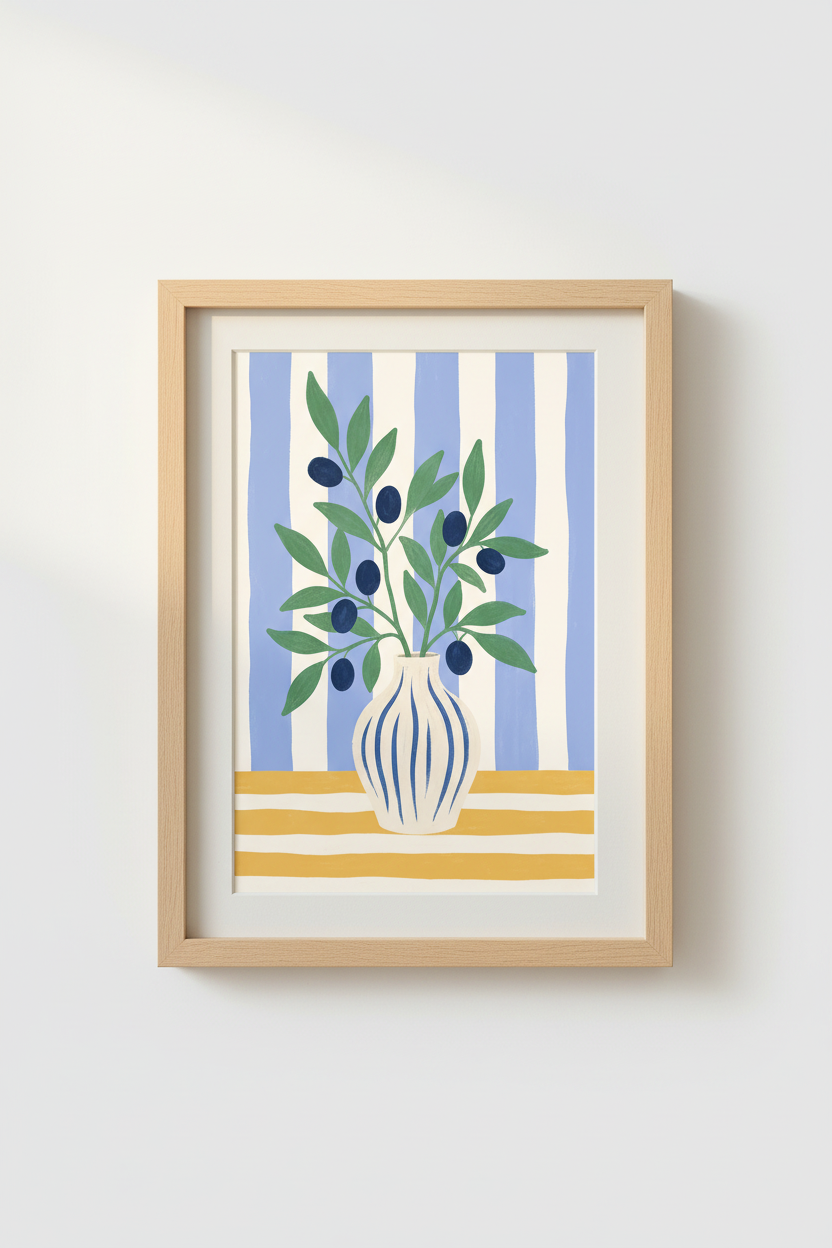 Coastal Olive Branch Art | Mediterranean Blue Striped Poster | Kitchen Wall Decor