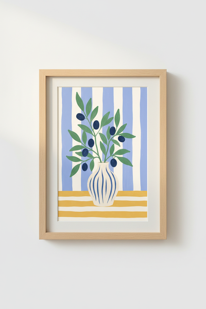 Coastal Olive Branch Art | Mediterranean Blue Striped Poster | Kitchen Wall Decor