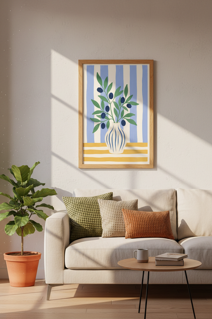 Coastal Olive Branch Art | Mediterranean Blue Striped Poster | Kitchen Wall Decor