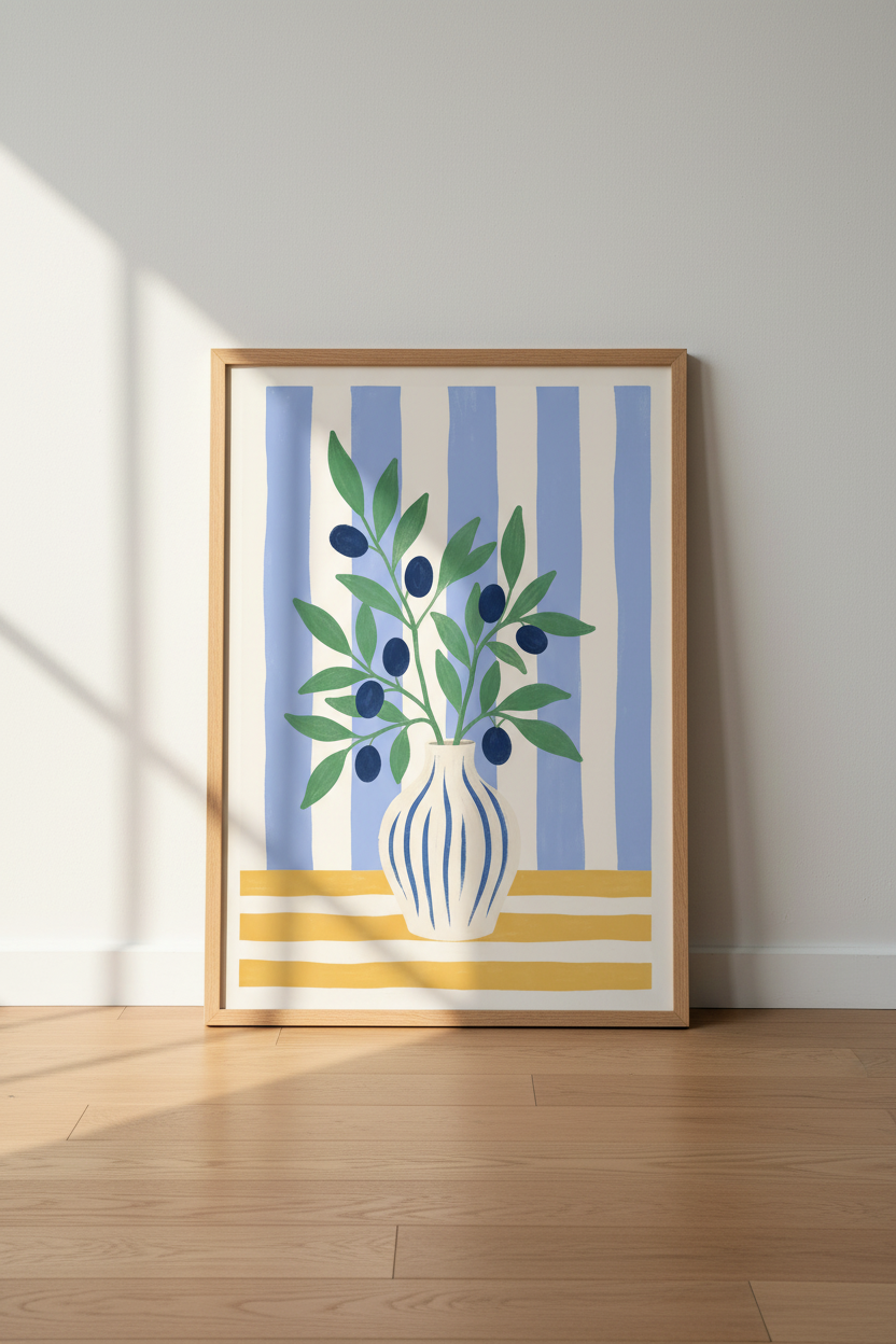 Coastal Olive Branch Art | Mediterranean Blue Striped Poster | Kitchen Wall Decor