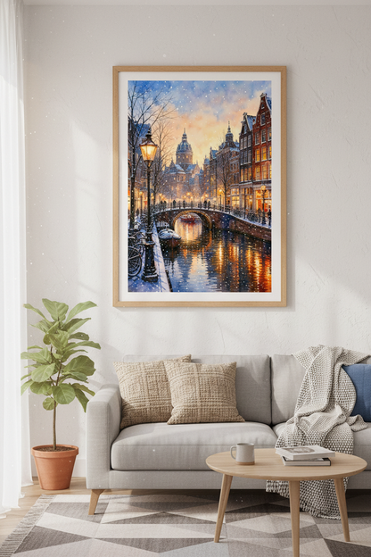 Amsterdam Winter Canal Watercolor Art | Cozy Cityscape, Living Room Decor