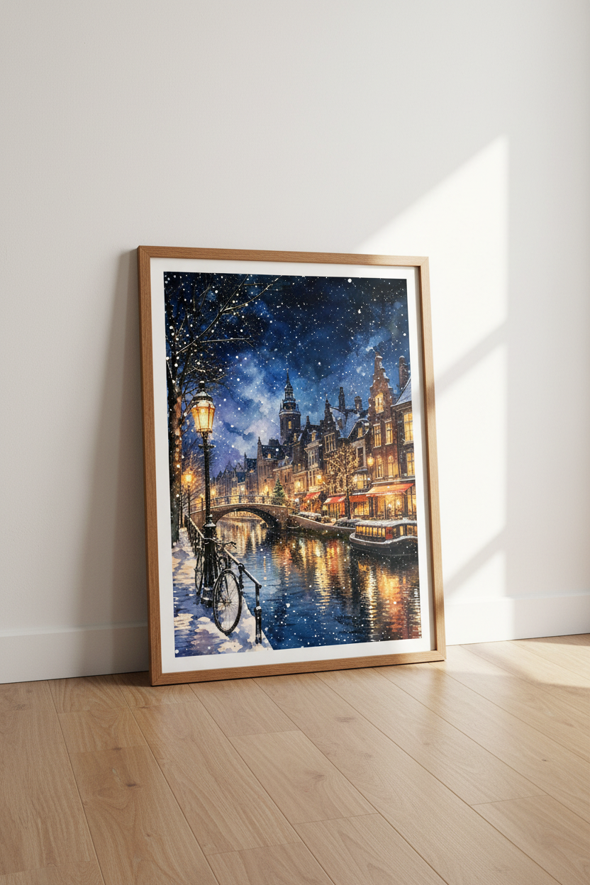 Winter Canal Amsterdam | Snowy Watercolor Night Print, Holiday Decor