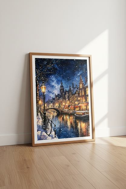 Winter Canal Amsterdam | Snowy Watercolor Night Print, Holiday Decor