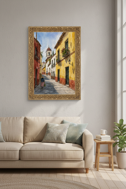 Mediterranean street | Watercolor Cityscape Print | Living Room Decor
