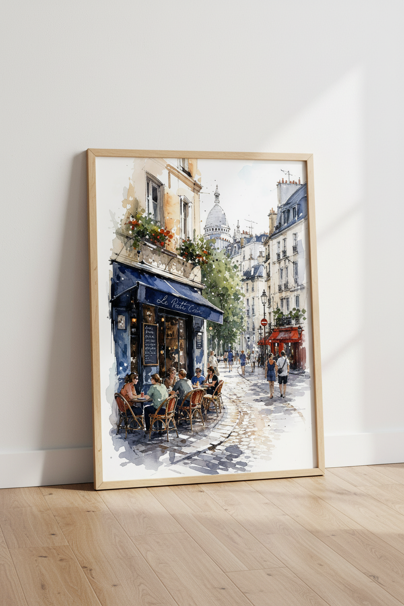Paris Street Scene Watercolor | Montmartre Cafe Wall Art, French Travel Poster